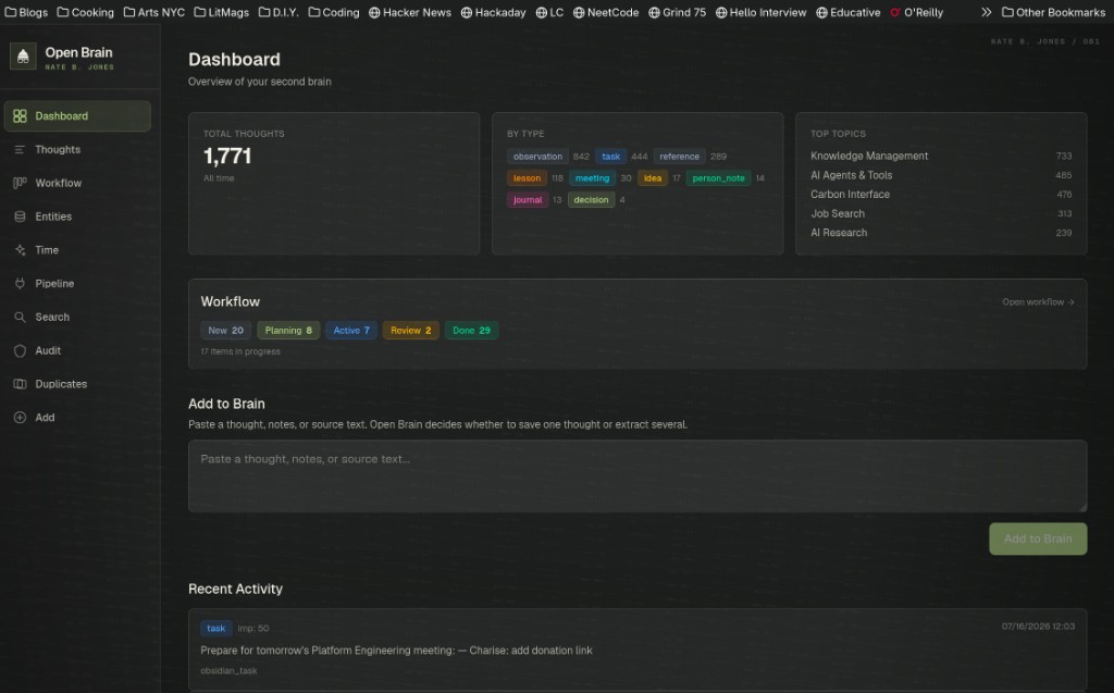 Open Brain dashboard: total thoughts, topic breakdown, workflow status, and Add to Brain capture