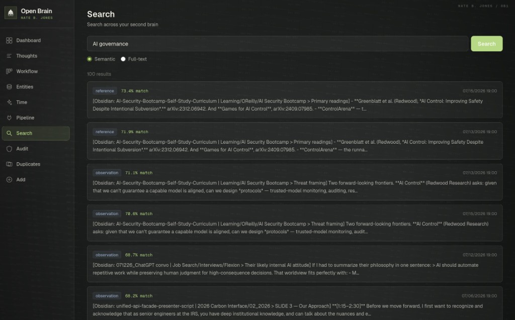 Open Brain semantic search results for AI governance across Obsidian-linked thoughts