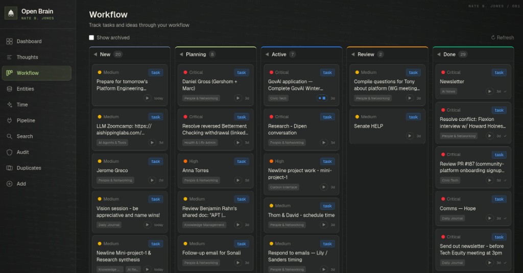 Open Brain Workflow kanban after upstream PR 443: New, Planning, Active, Review, and Done columns with drag-and-drop cards