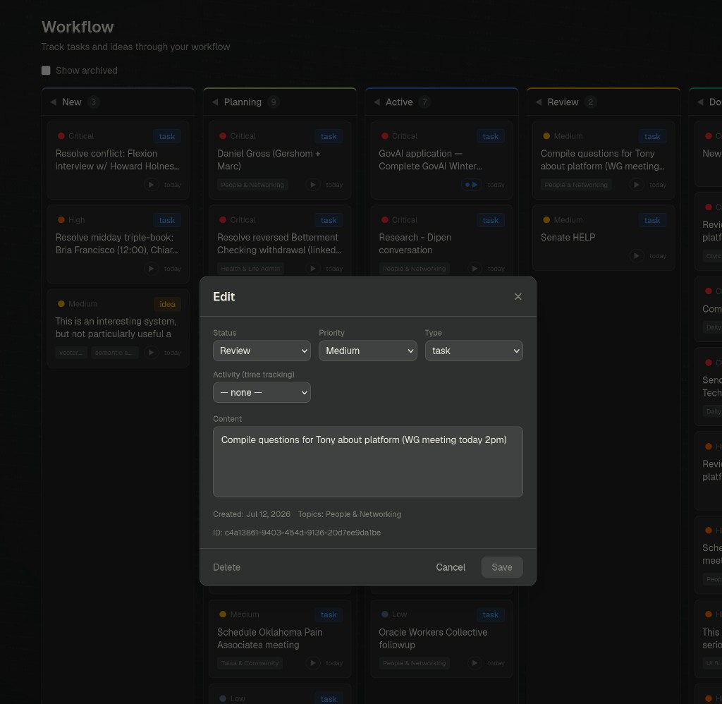 Open Brain Workflow board with task edit modal open on a Review item