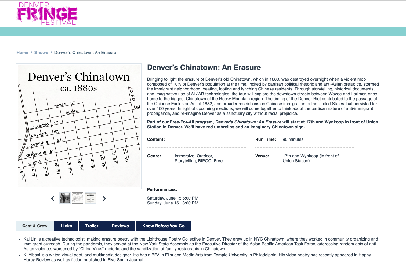 Denver Fringe Festival performance: Denver's Chinatown: An Erasure