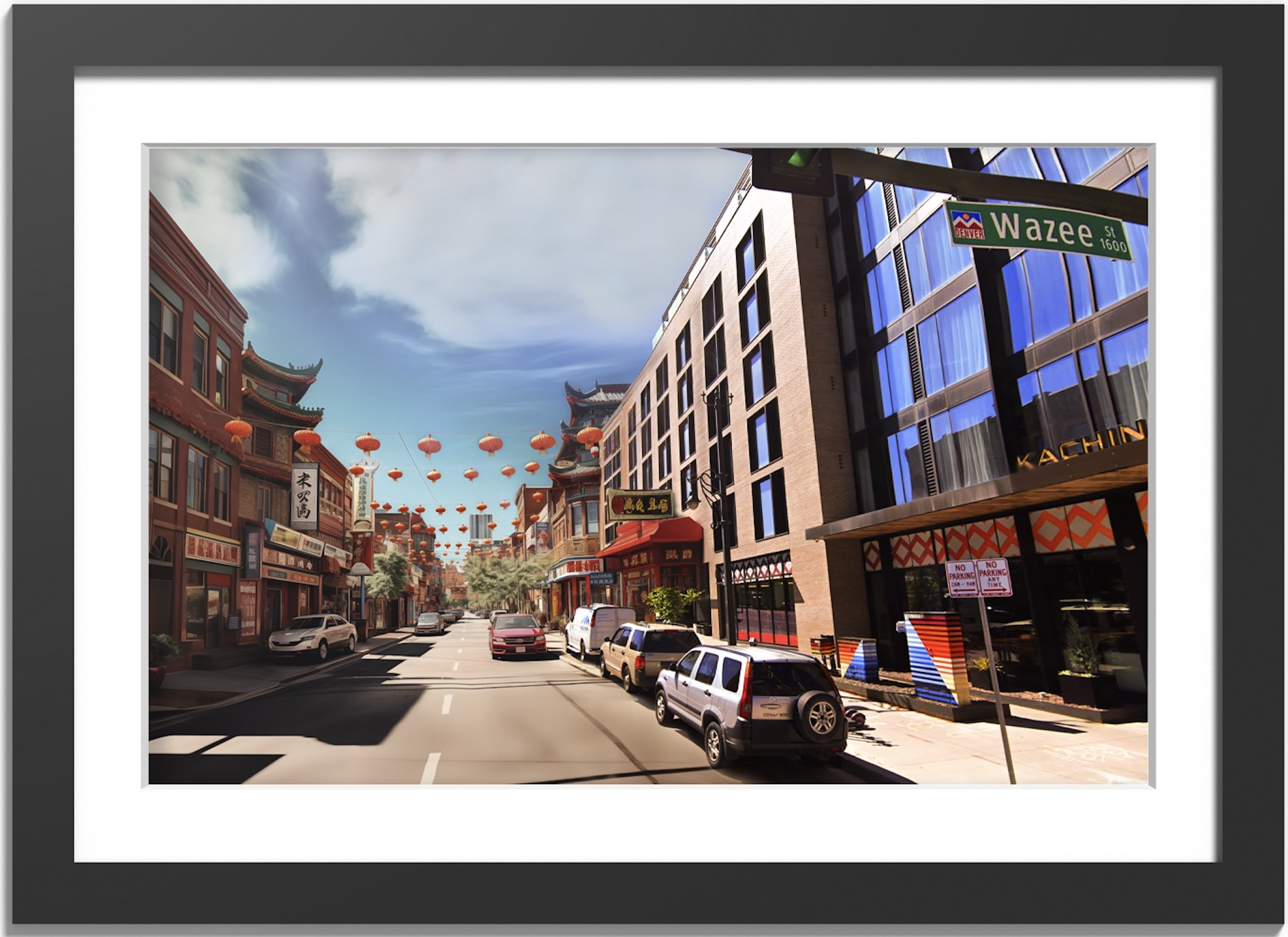 Generative AI image of Chinatown overlaying Google Maps image of Denver