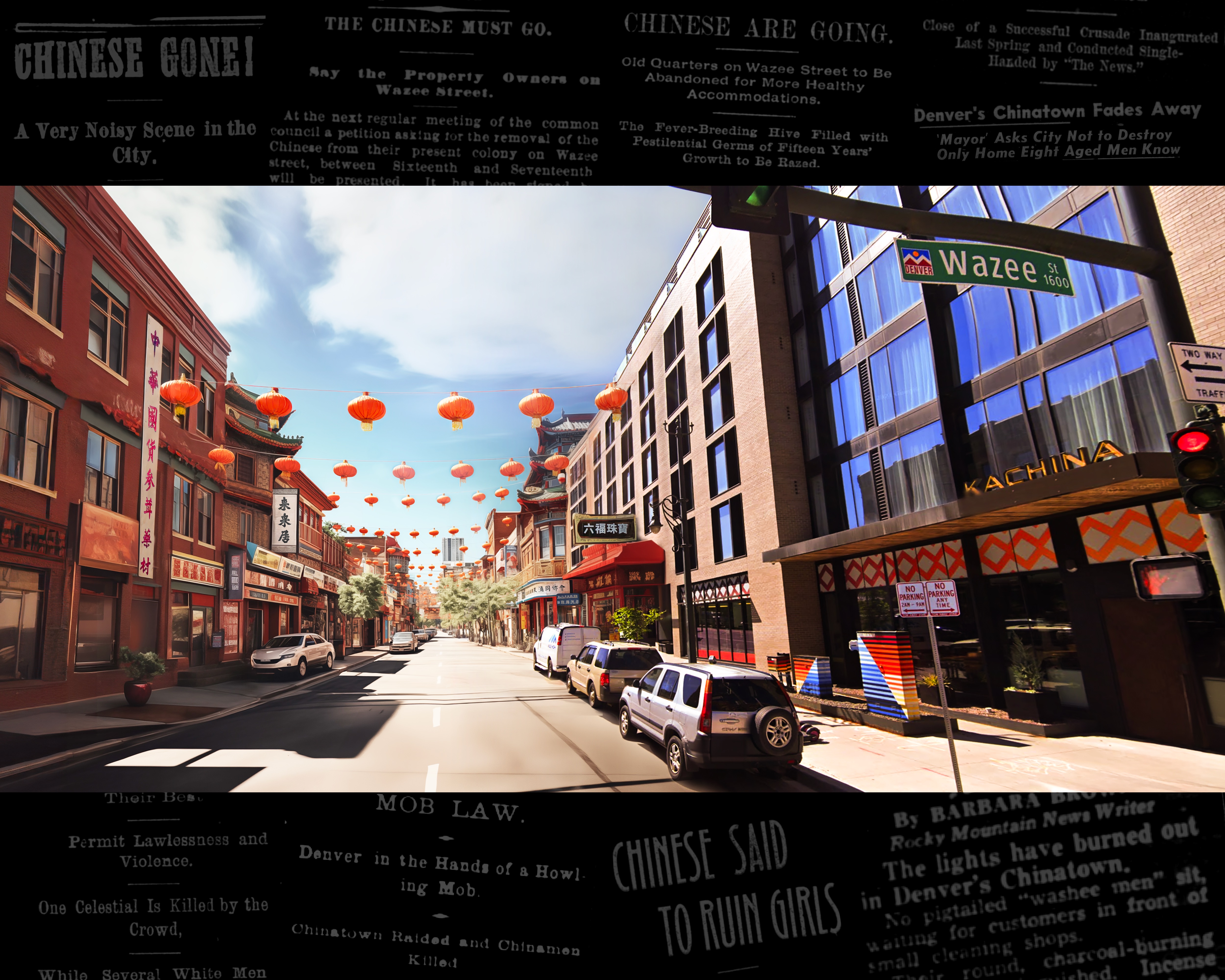 Generative AI image of Chinatown overlaying Google Maps image of Denver